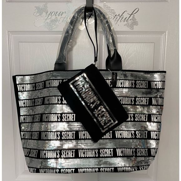 Victoria's Secret Black Canvas Tote with Tags and Pink & Silver